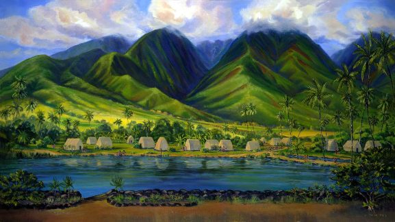 Painting of Mokuʻula and Mokuhinia Pond in historic Lahaina, with fishponds, waterways, and lush green mountains, showing Lahaina as the “Venice of the Pacific.”